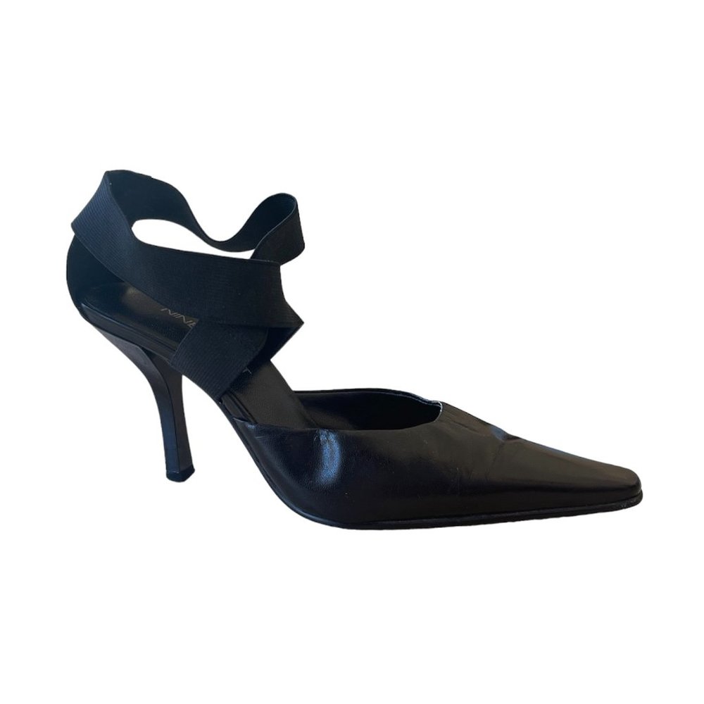 Nine West Leather Pointed Toe Kitten Heel Elastic Cross Ankle Strap Size 5M